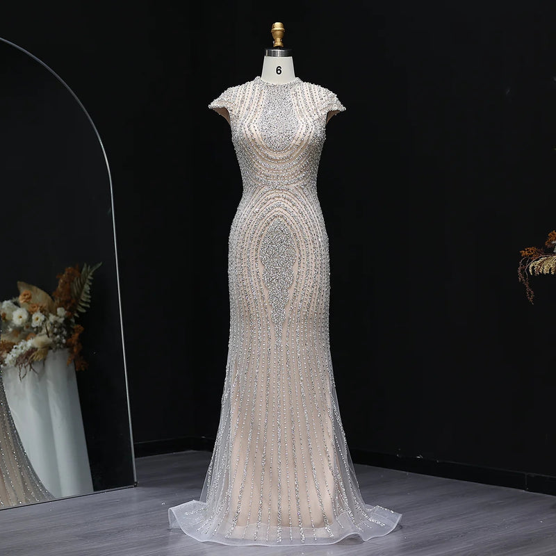 Luxury Dubai Silver Nude Arabic Evening Dresses SS400