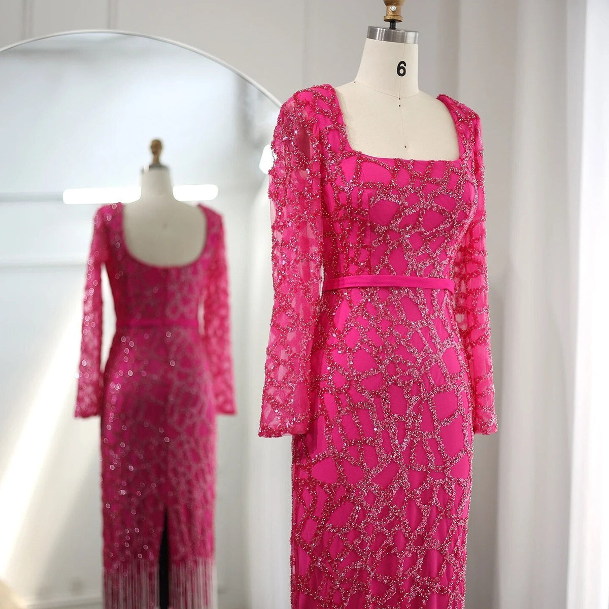 Luxury Dubai Tassel Hot Pink Evening Dresses for Women Elegant Long Sleeves Fuchsia Arabic Wedding Party Gowns SS347