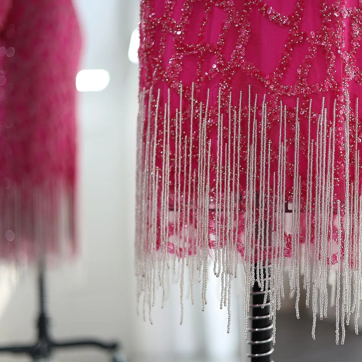 Luxury Dubai Tassel Hot Pink Evening Dresses for Women Elegant Long Sleeves Fuchsia Arabic Wedding Party Gowns SS347