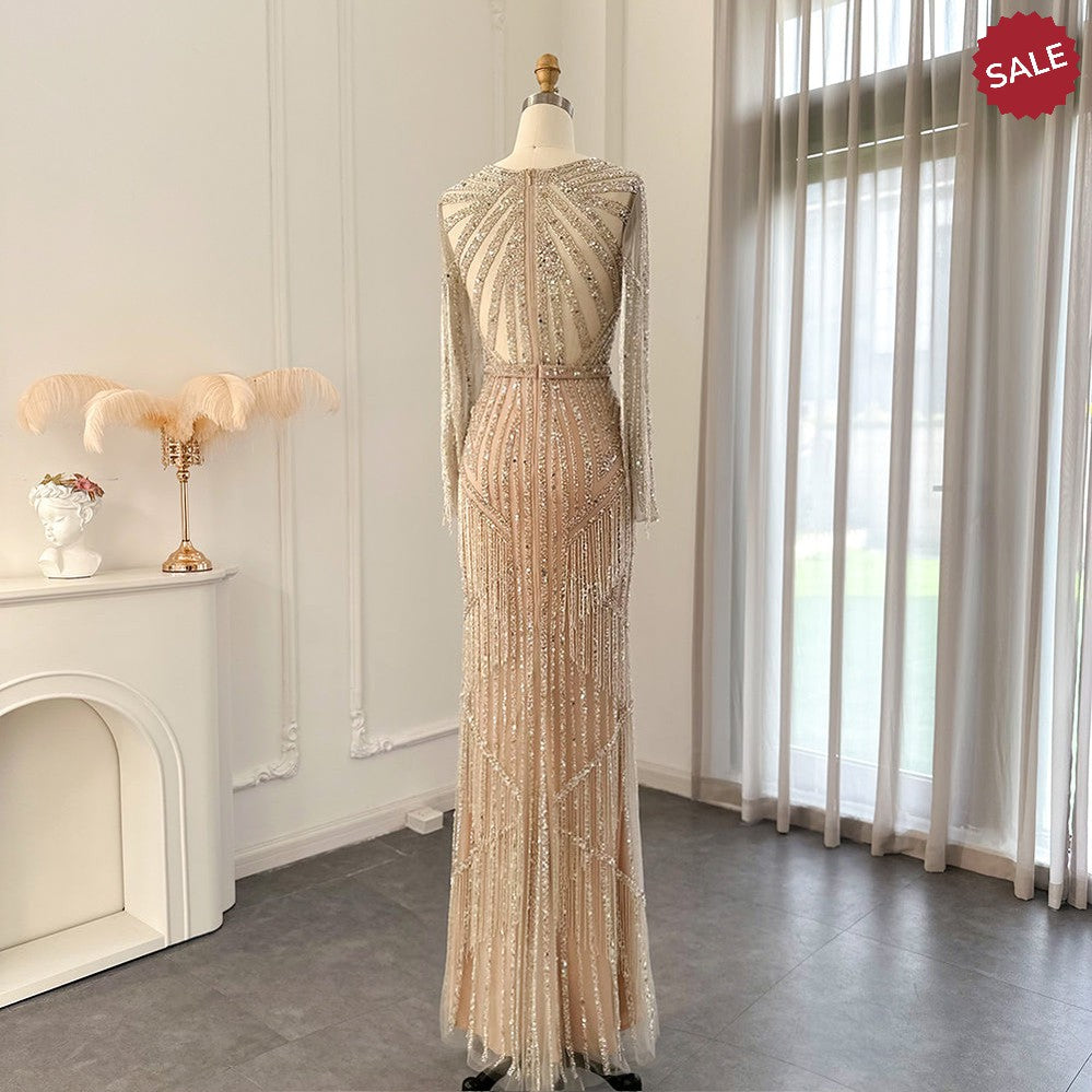 Luxury Dubai Tassel Silver Nude Mermaid Evening Dress for Women Wedding Party Long Sleeve African Prom Dresses SS214
