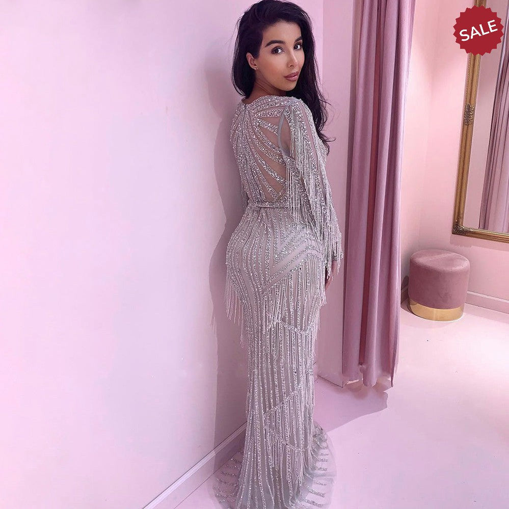 Luxury Dubai Tassel Silver Nude Mermaid Evening Dress for Women Wedding Party Long Sleeve African Prom Dresses SS214