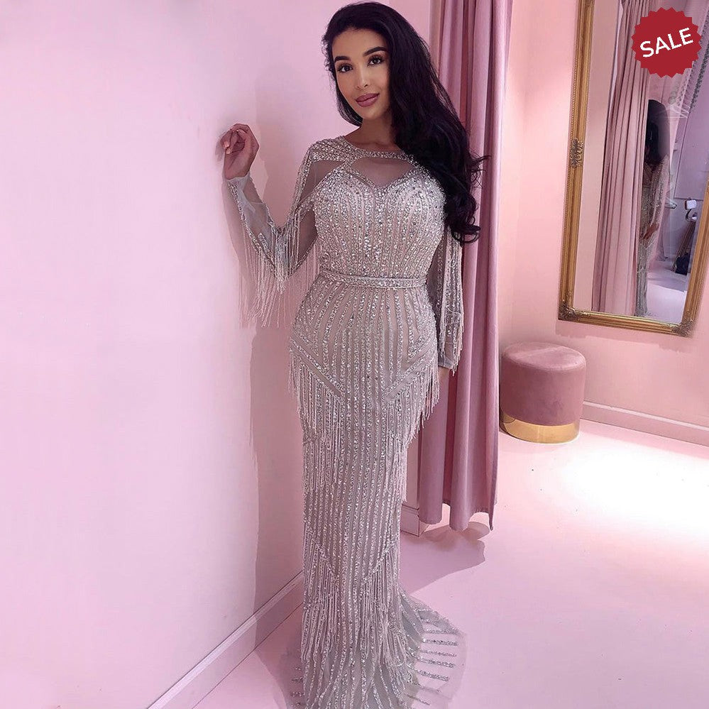 Luxury Dubai Tassel Silver Nude Mermaid Evening Dress for Women Wedding Party Long Sleeve African Prom Dresses SS214