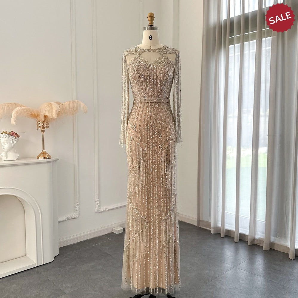Luxury Dubai Tassel Silver Nude Mermaid Evening Dress for Women Wedding Party Long Sleeve African Prom Dresses SS214