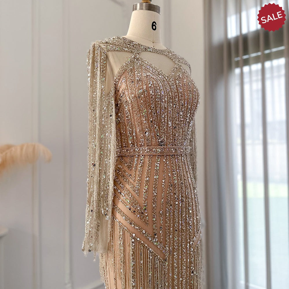 Luxury Dubai Tassel Silver Nude Mermaid Evening Dress for Women Wedding Party Long Sleeve African Prom Dresses SS214