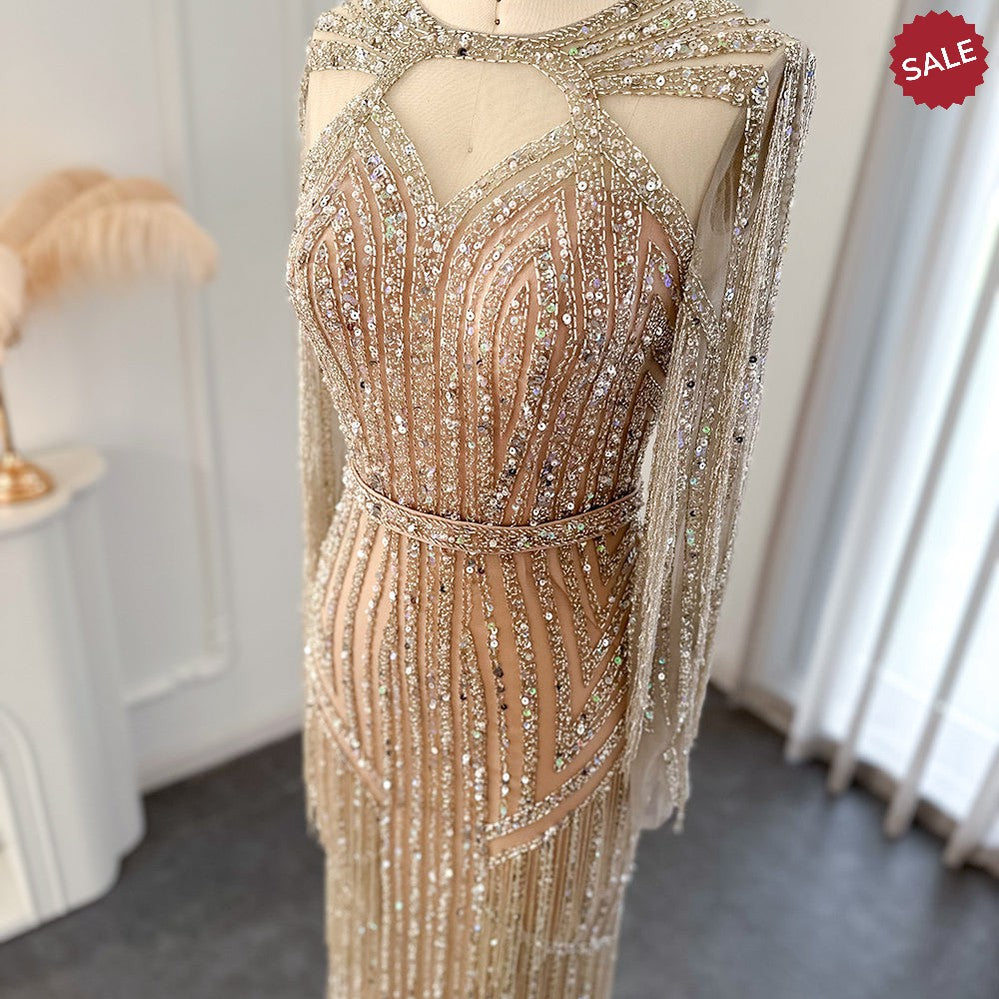 Luxury Dubai Tassel Silver Nude Mermaid Evening Dress for Women Wedding Party Long Sleeve African Prom Dresses SS214