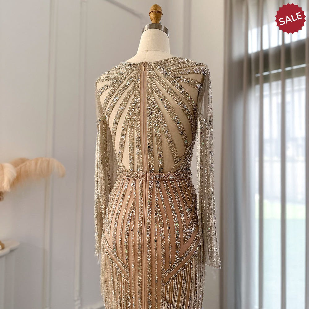 Luxury Dubai Tassel Silver Nude Mermaid Evening Dress for Women Wedding Party Long Sleeve African Prom Dresses SS214