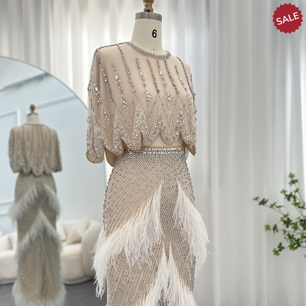 Luxury Dubai White Feathers Two Pieces Evening Dresses for Women Wedding Beaded Midi Short Prom Party Gowns SS363