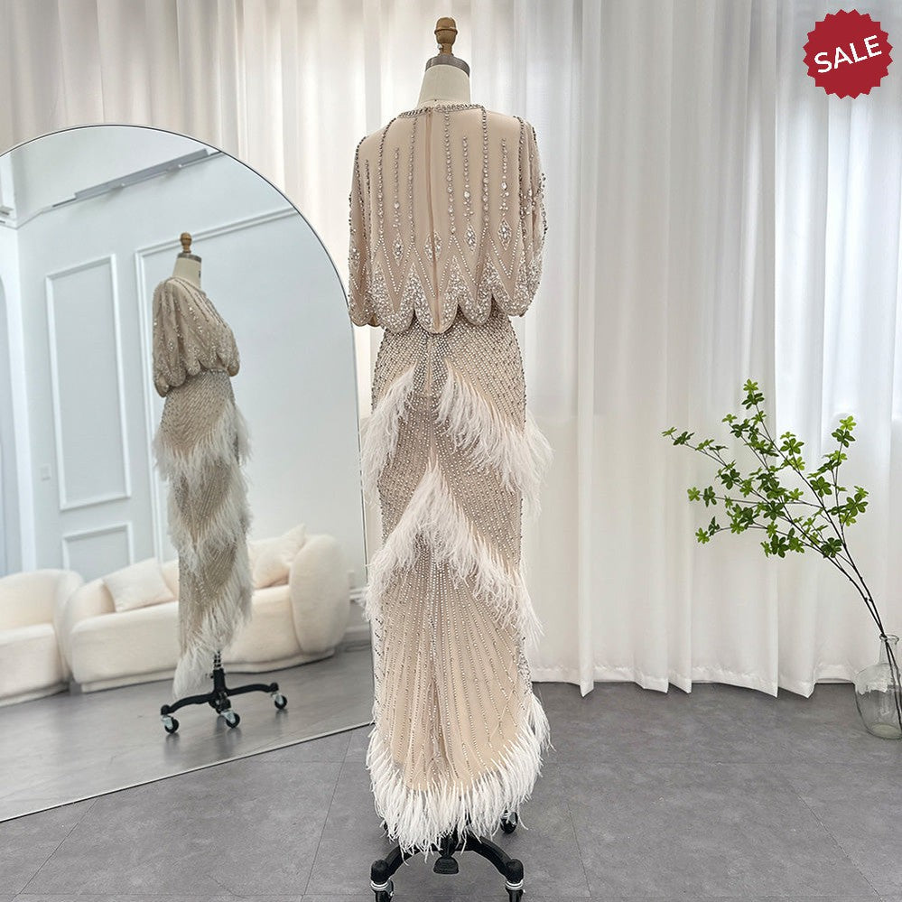 Luxury Dubai White Feathers Two Pieces Evening Dresses for Women Wedding Beaded Midi Short Prom Party Gowns SS363