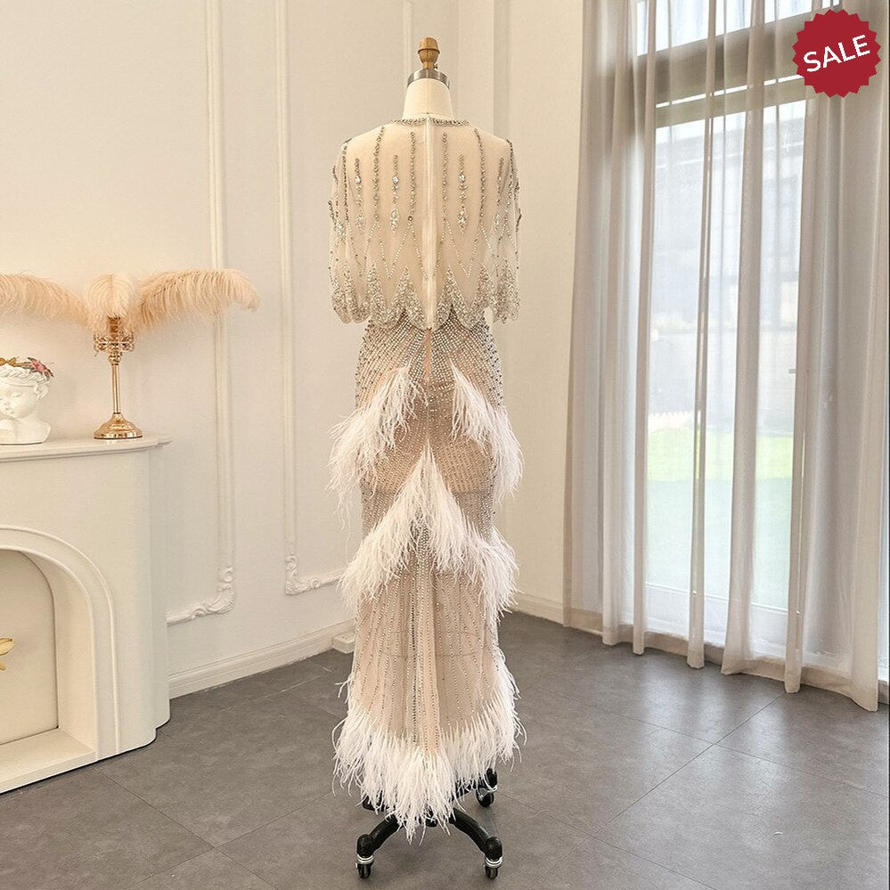 Luxury Dubai White Feathers Two Pieces Evening Dresses for Women Wedding Beaded Midi Short Prom Party Gowns SS363