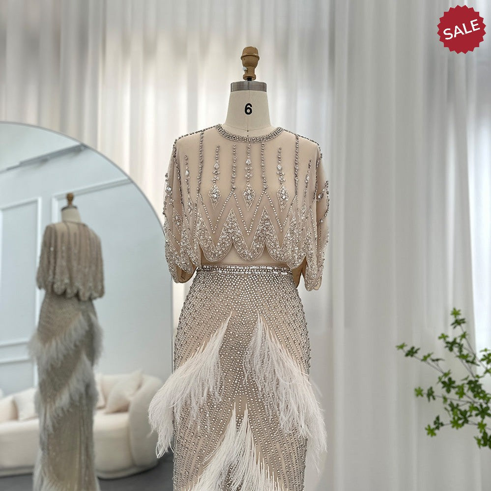 Luxury Dubai White Feathers Two Pieces Evening Dresses for Women Wedding Beaded Midi Short Prom Party Gowns SS363