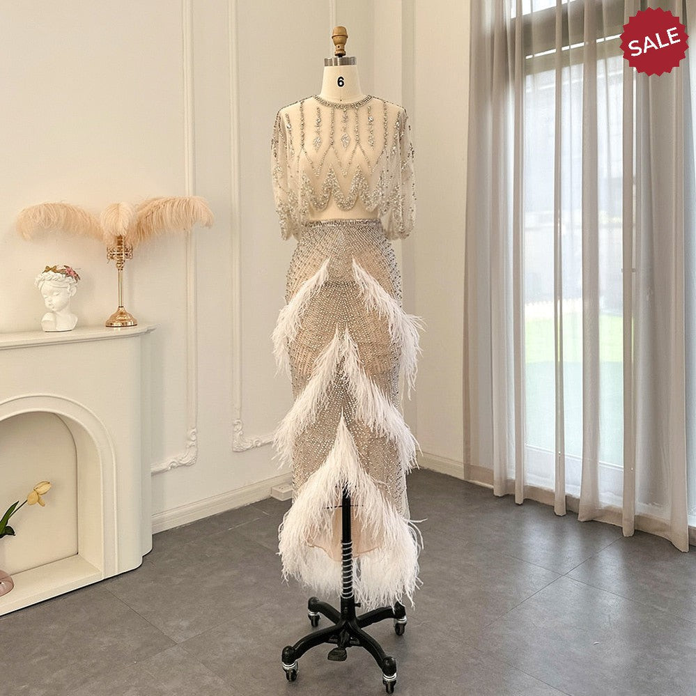 Luxury Dubai White Feathers Two Pieces Evening Dresses for Women Wedding Beaded Midi Short Prom Party Gowns SS363