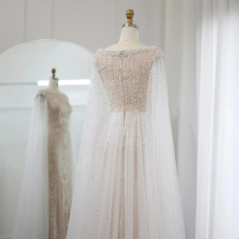 Luxury Dubai White Nude Mermaid Evening Dress with Cape Sleeves for Women Wedding Arabic Bridal Party Gowns SS458