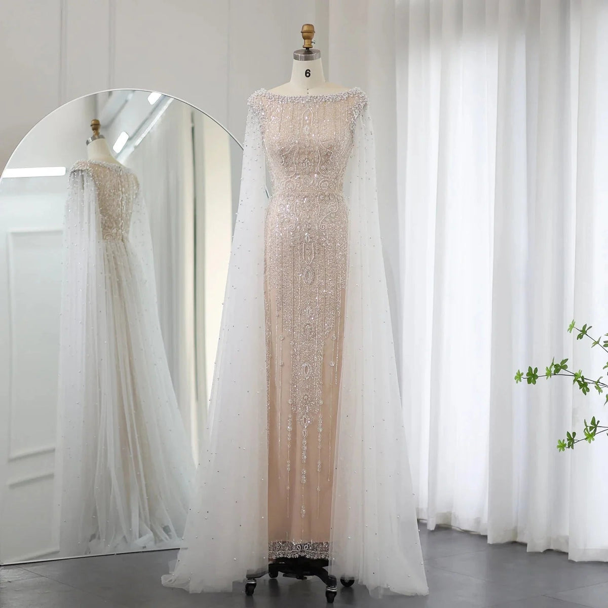 Luxury Dubai White Nude Mermaid Evening Dress with Cape Sleeves for Women Wedding Arabic Bridal Party Gowns SS458