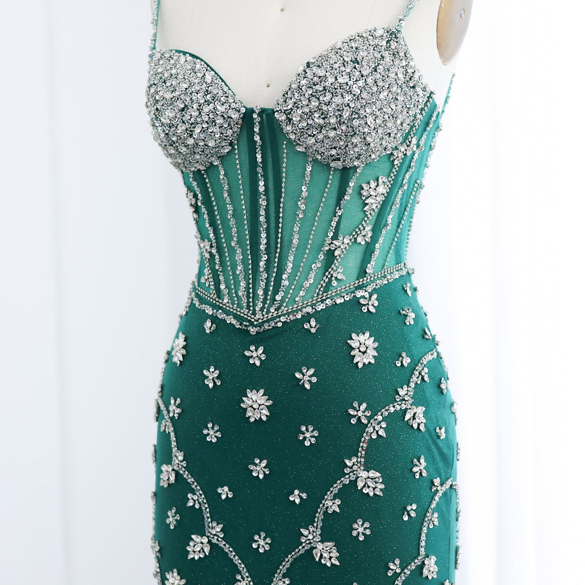 Luxury Emerald Green Spaghetti Straps Evening Dress SS246