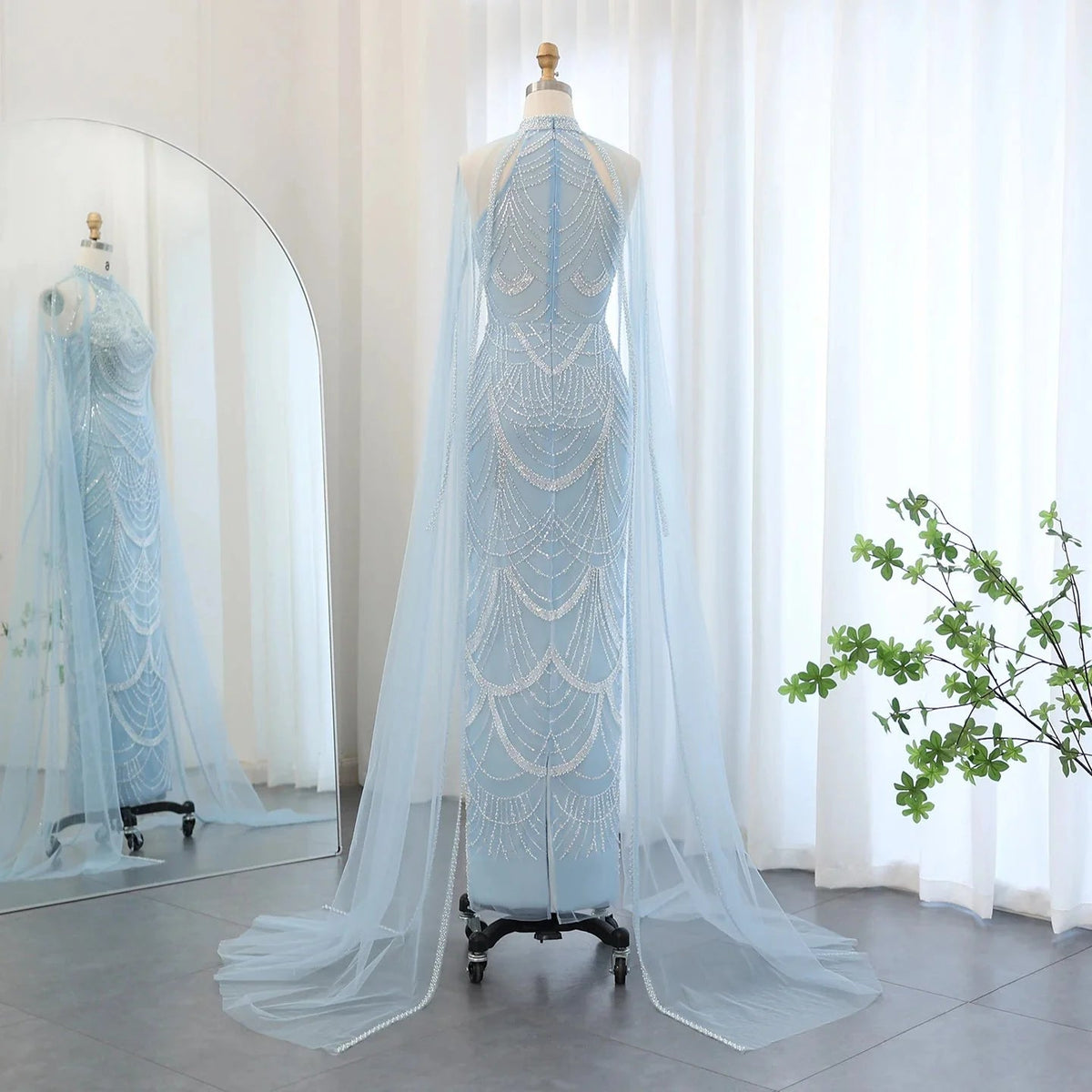 Luxury Evening Dresses with Cape Sleeves for Women Dubai Black Fuchsia Blue Pink Elegant Arabic Wedding Dress SS209