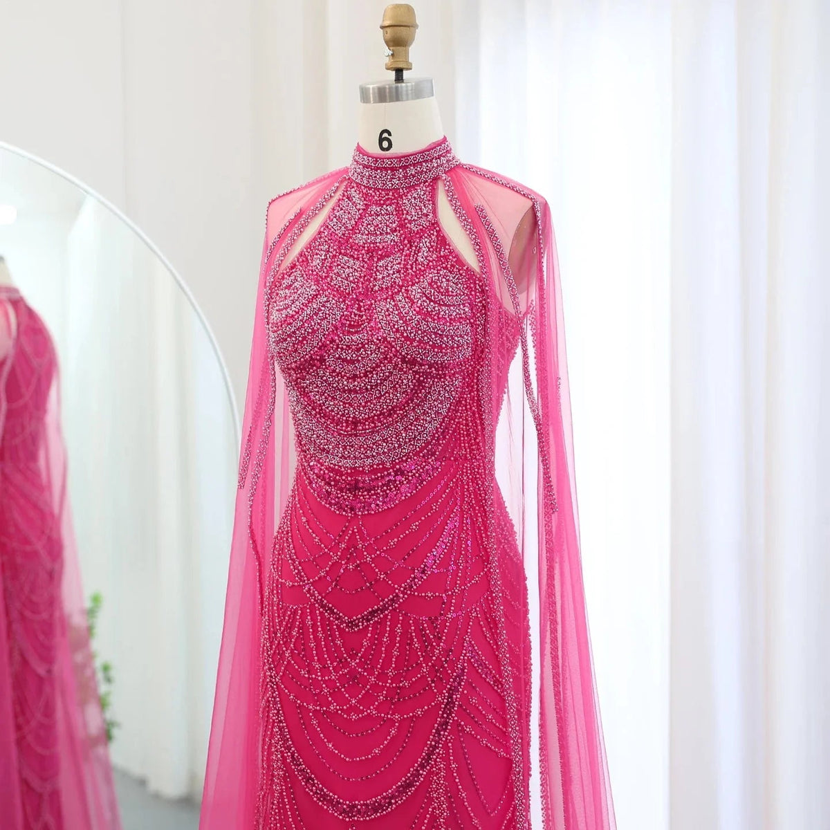 Luxury Evening Dresses with Cape Sleeves for Women Dubai Black Fuchsia Blue Pink Elegant Arabic Wedding Dress SS209