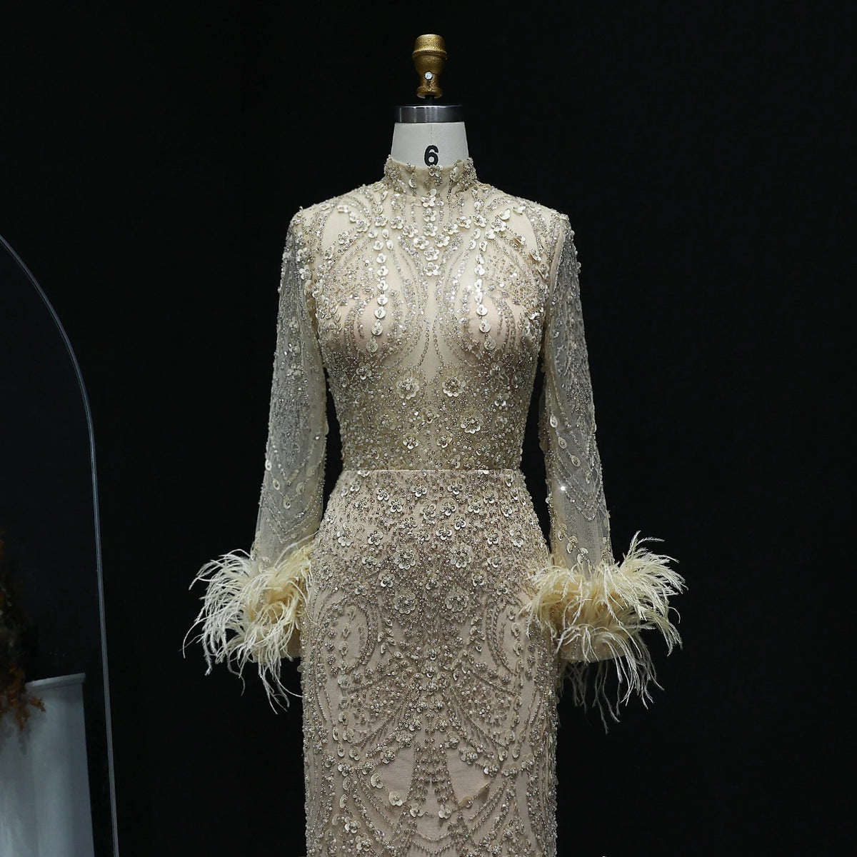 Luxury Feather Beaded Gold Mermaid Evening Dress SS079
