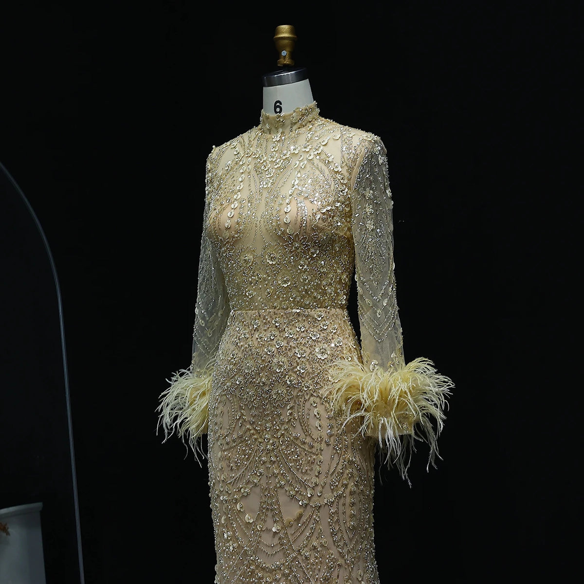 Luxury Feather Beaded Gold Mermaid Evening Dress SS079