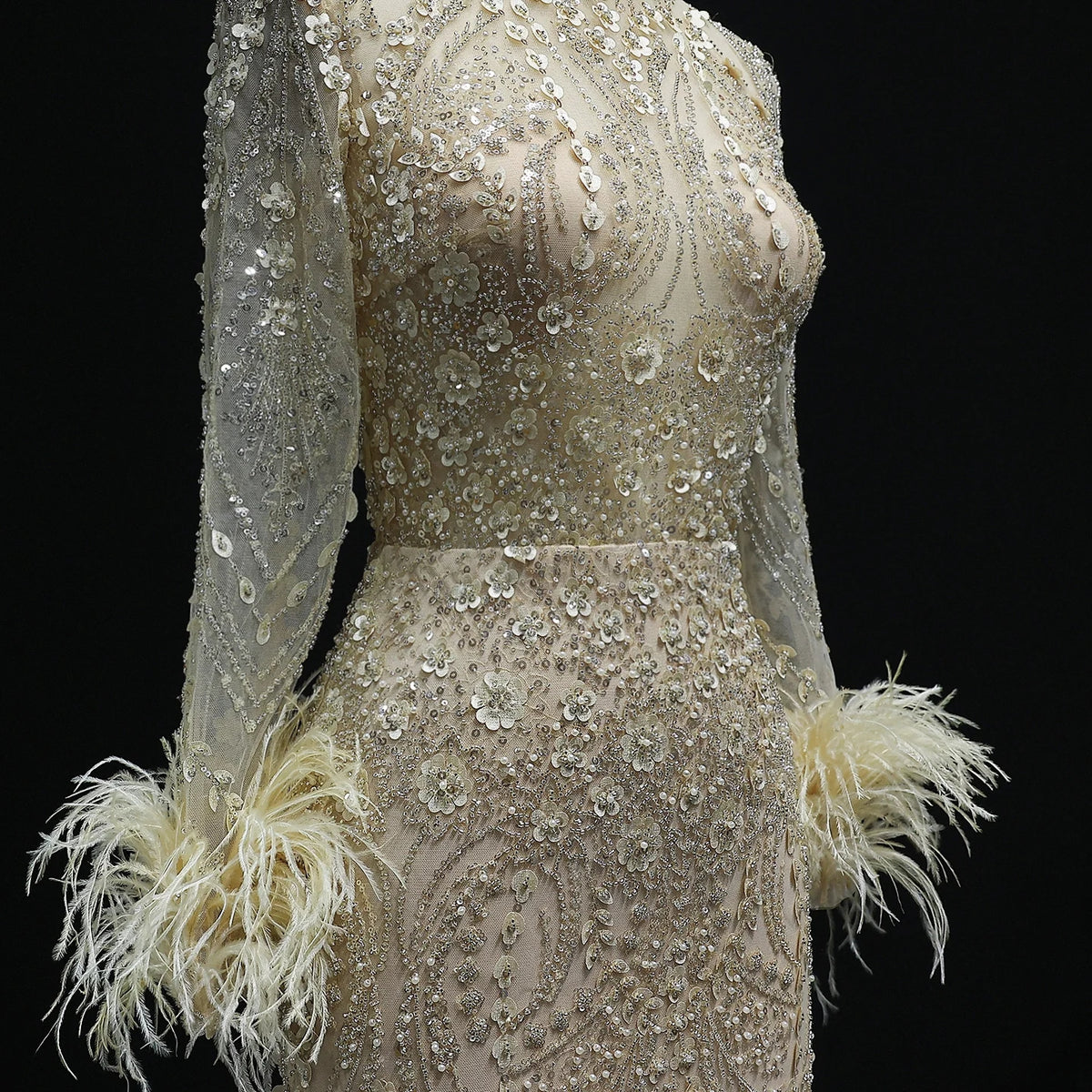 Luxury Feather Beaded Gold Mermaid Evening Dress SS079