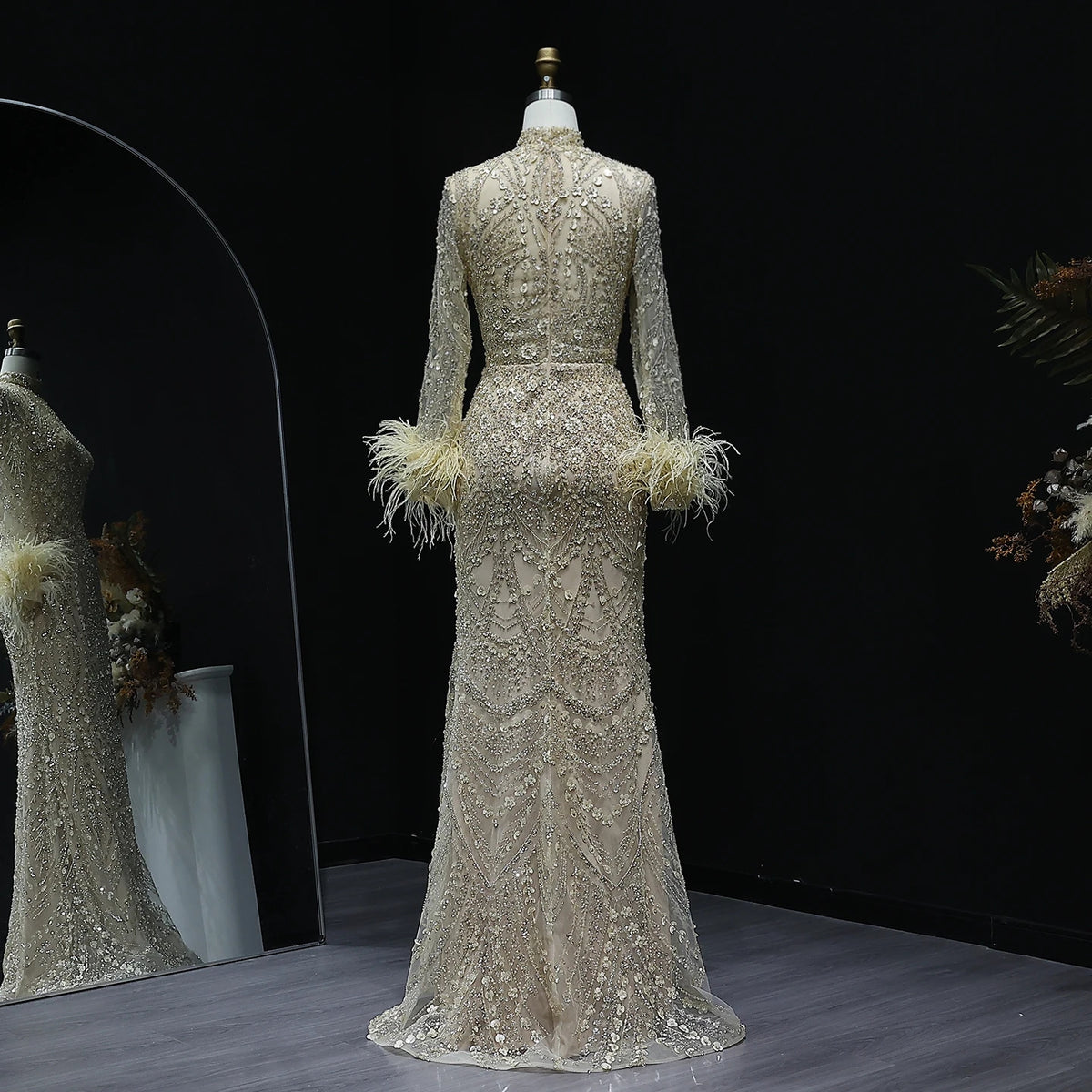 Luxury Feather Beaded Gold Mermaid Evening Dress SS079