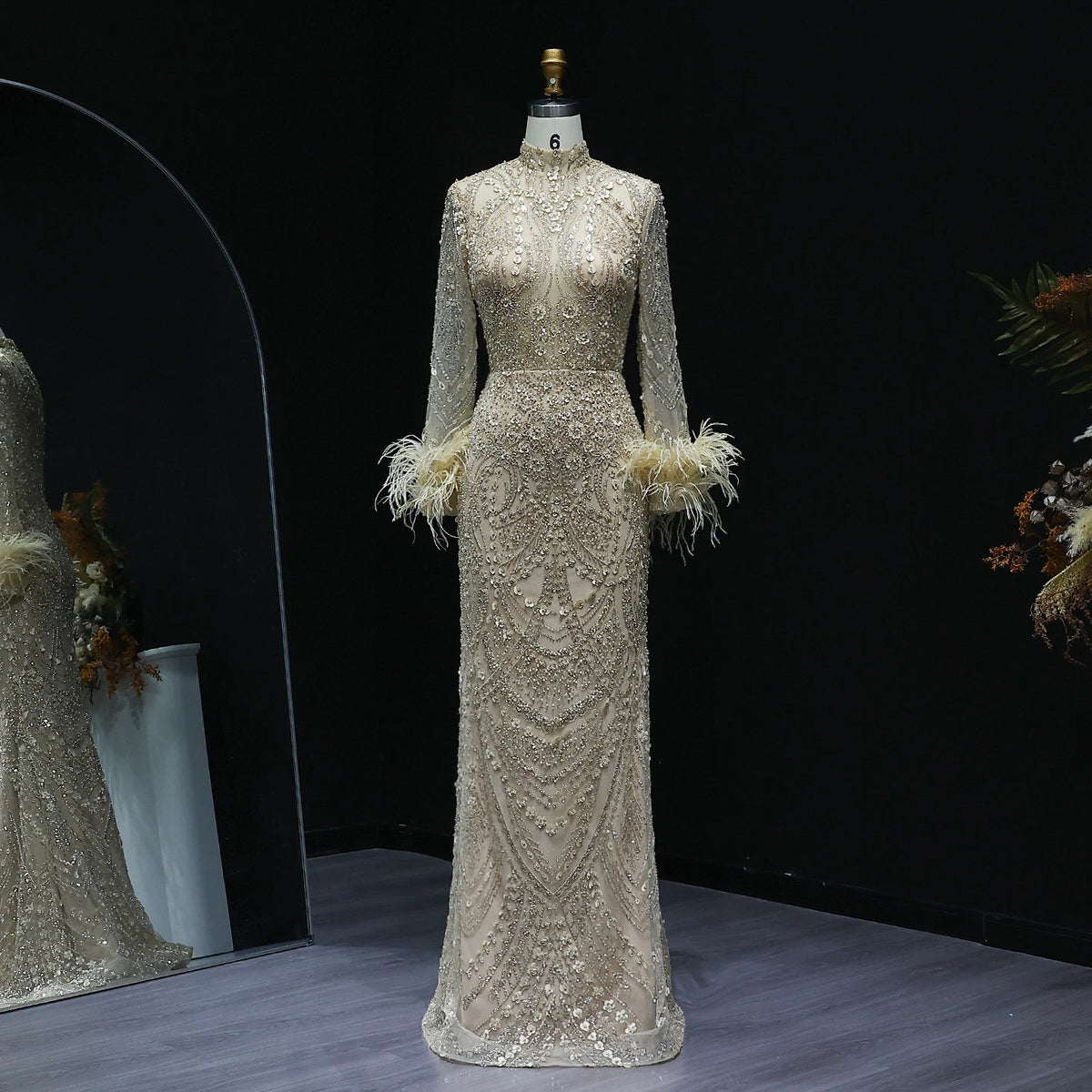 Luxury Feather Beaded Gold Mermaid Evening Dress SS079