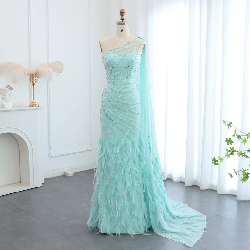 Luxury Feather Turquoise Aqua One Shoulder Mermaid Evening Dress with Cape SS498