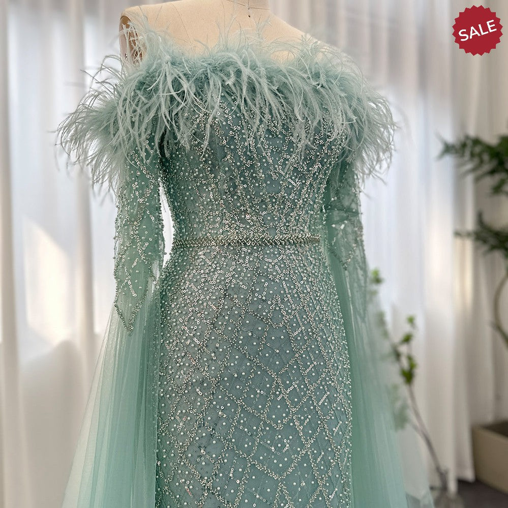 Luxury Feather Turquoise Dubai Evening Dress with Cape Sleeves Lilac Arabic Women Wedding Party Prom Gown SS261