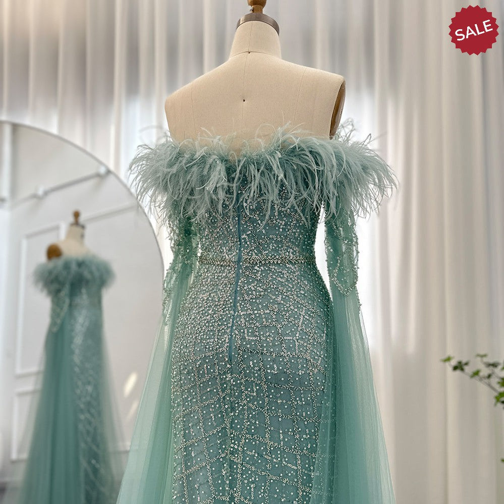 Luxury Feather Turquoise Dubai Evening Dress with Cape Sleeves Lilac Arabic Women Wedding Party Prom Gown SS261