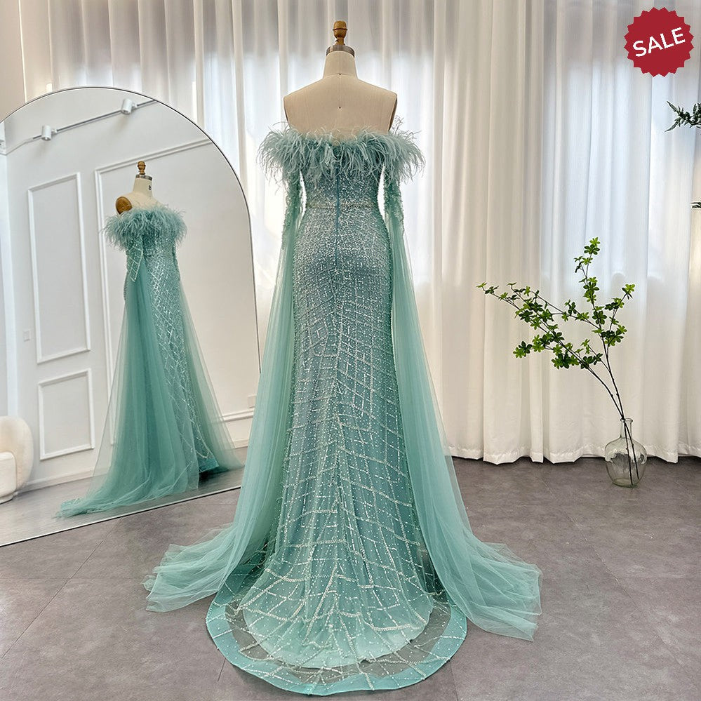 Luxury Feather Turquoise Dubai Evening Dress with Cape Sleeves Lilac Arabic Women Wedding Party Prom Gown SS261