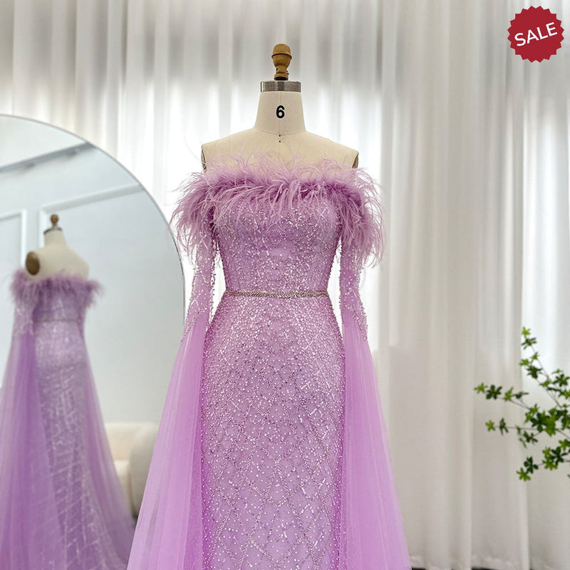 Luxury Feather Turquoise Dubai Evening Dress with Cape Sleeves Lilac Arabic Women Wedding Party Prom Gown SS261