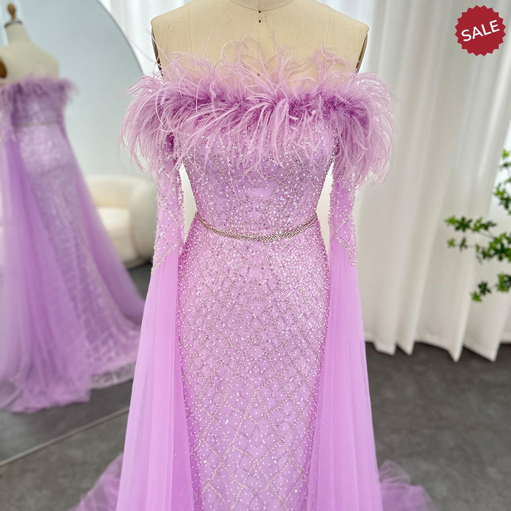 Luxury Feather Turquoise Dubai Evening Dress with Cape Sleeves Lilac Arabic Women Wedding Party Prom Gown SS261