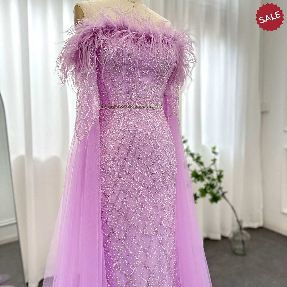 Luxury Feather Turquoise Dubai Evening Dress with Cape Sleeves Lilac Arabic Women Wedding Party Prom Gown SS261