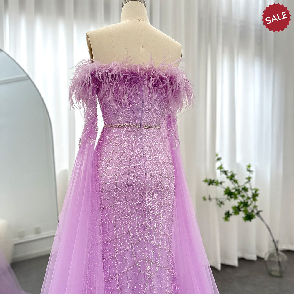 Luxury Feather Turquoise Dubai Evening Dress with Cape Sleeves Lilac Arabic Women Wedding Party Prom Gown SS261