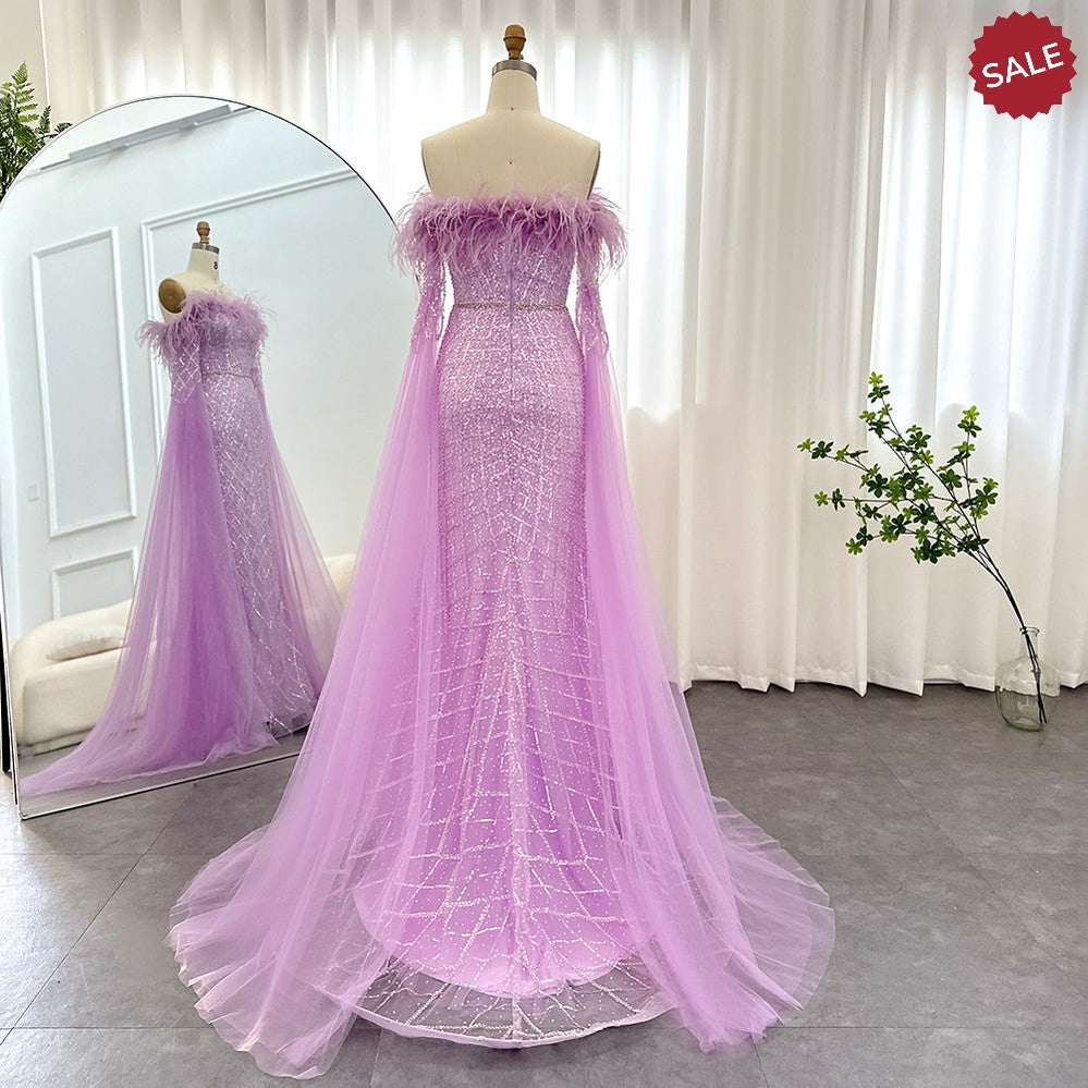 Luxury Feather Turquoise Dubai Evening Dress with Cape Sleeves Lilac Arabic Women Wedding Party Prom Gown SS261