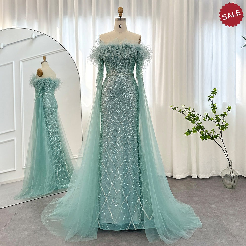 Luxury Feather Turquoise Dubai Evening Dress with Cape Sleeves Lilac Arabic Women Wedding Party Prom Gown SS261