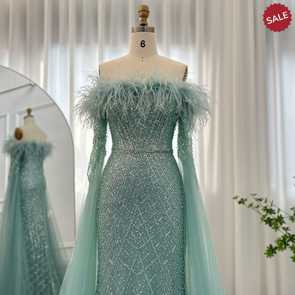 Luxury Feather Turquoise Dubai Evening Dress with Cape Sleeves Lilac Arabic Women Wedding Party Prom Gown SS261