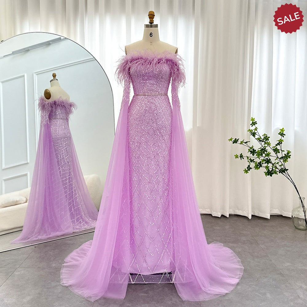 Luxury Feather Turquoise Dubai Evening Dress with Cape Sleeves Lilac Arabic Women Wedding Party Prom Gown SS261