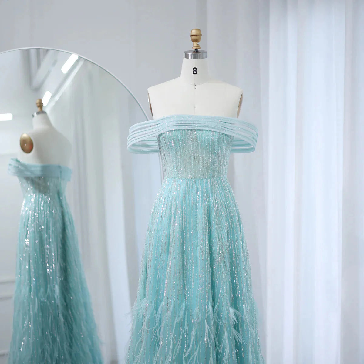 Luxury Feathers Aqua Green Evening Dresses Elegant Off Shoulder Beyonce Celebrity Prom Party Dress for Wedding SS435
