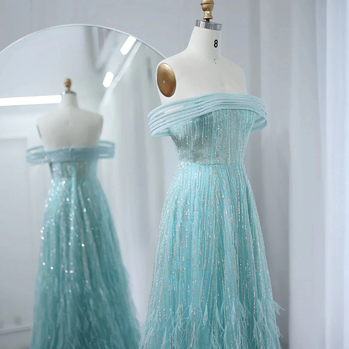 Luxury Feathers Aqua Green Evening Dresses Elegant Off Shoulder Beyonce Celebrity Prom Party Dress for Wedding SS435