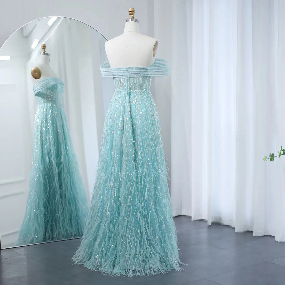 Luxury Feathers Aqua Green Evening Dresses Elegant Off Shoulder Beyonce Celebrity Prom Party Dress for Wedding SS435