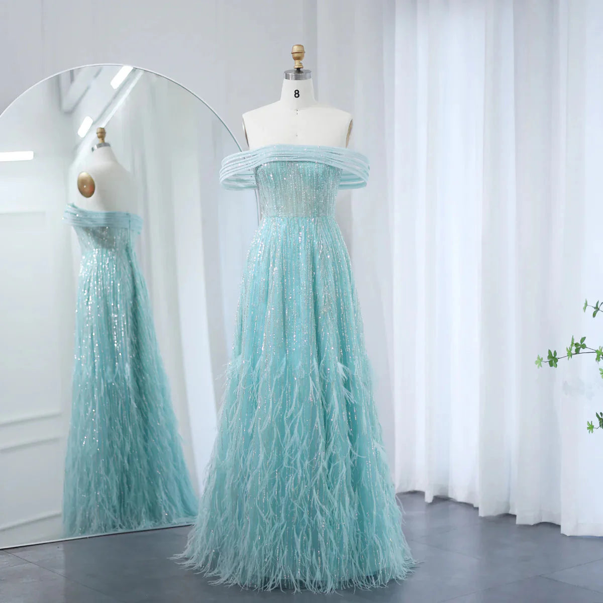 Luxury Feathers Aqua Green Evening Dresses Elegant Off Shoulder Beyonce Celebrity Prom Party Dress for Wedding SS435