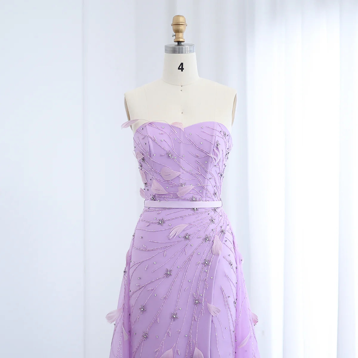 Luxury Feathers Beaded Lilac Evening Dress with Overskirt SS456
