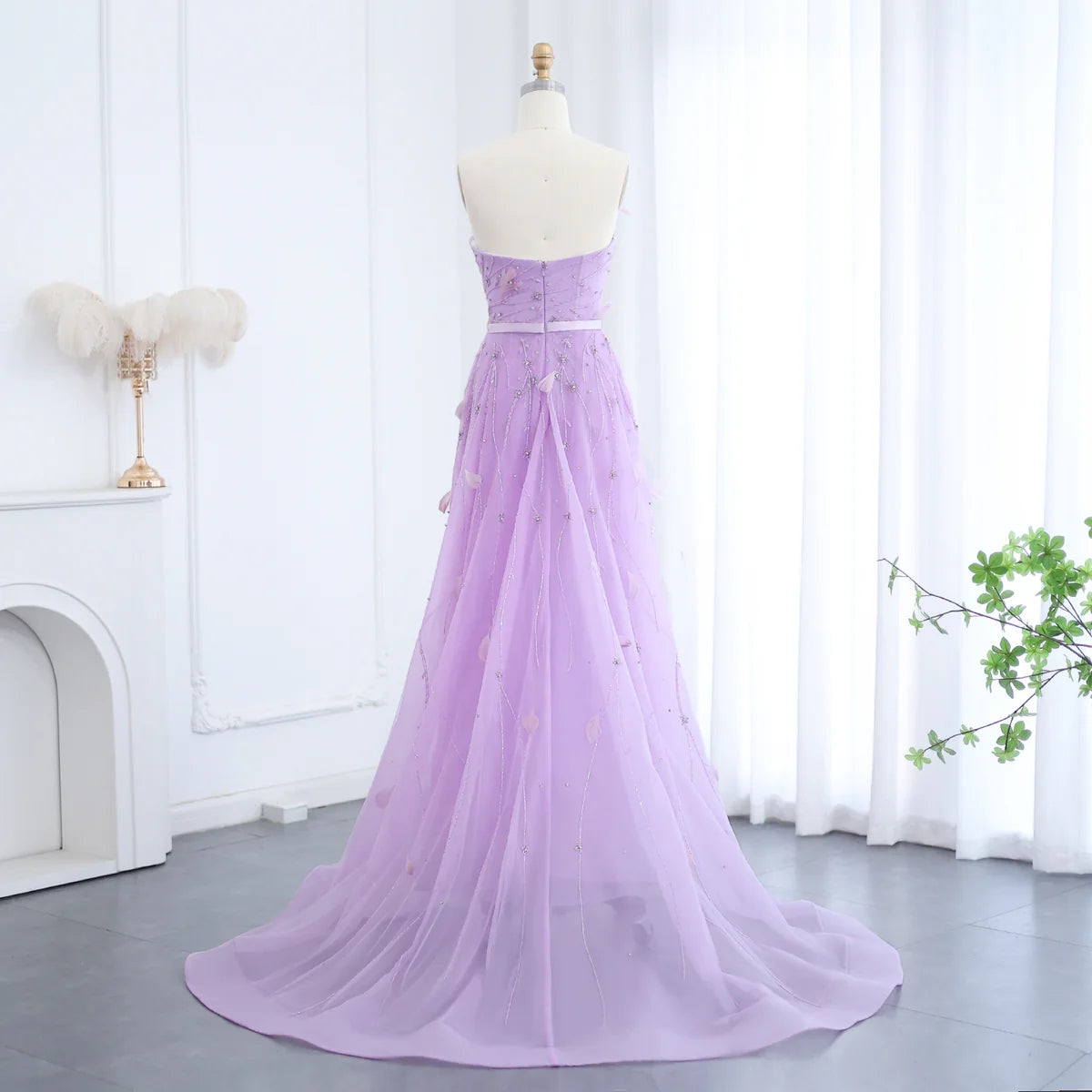Luxury Feathers Beaded Lilac Evening Dress with Overskirt SS456