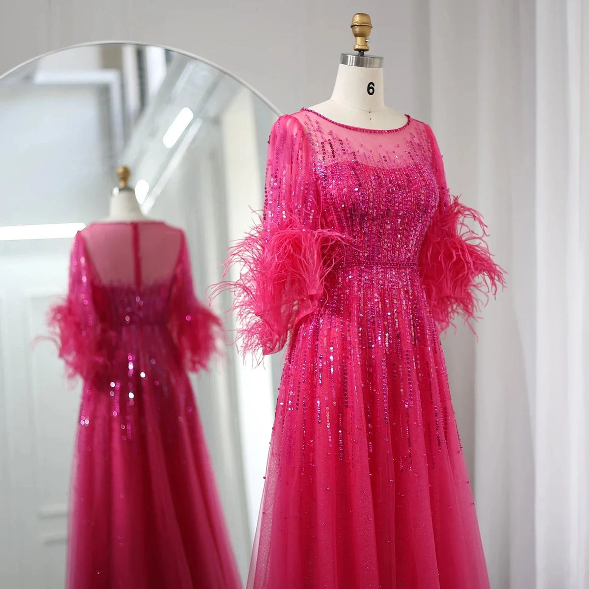Luxury Feathers Black Dubai Evening Dresses for Women Elegant Fuchsia Arabic Half Sleeve Wedding Party Dress SS339