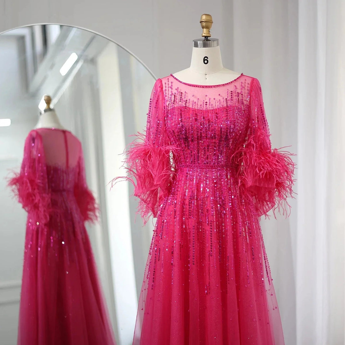 Luxury Feathers Black Dubai Evening Dresses for Women Elegant Fuchsia Arabic Half Sleeve Wedding Party Dress SS339