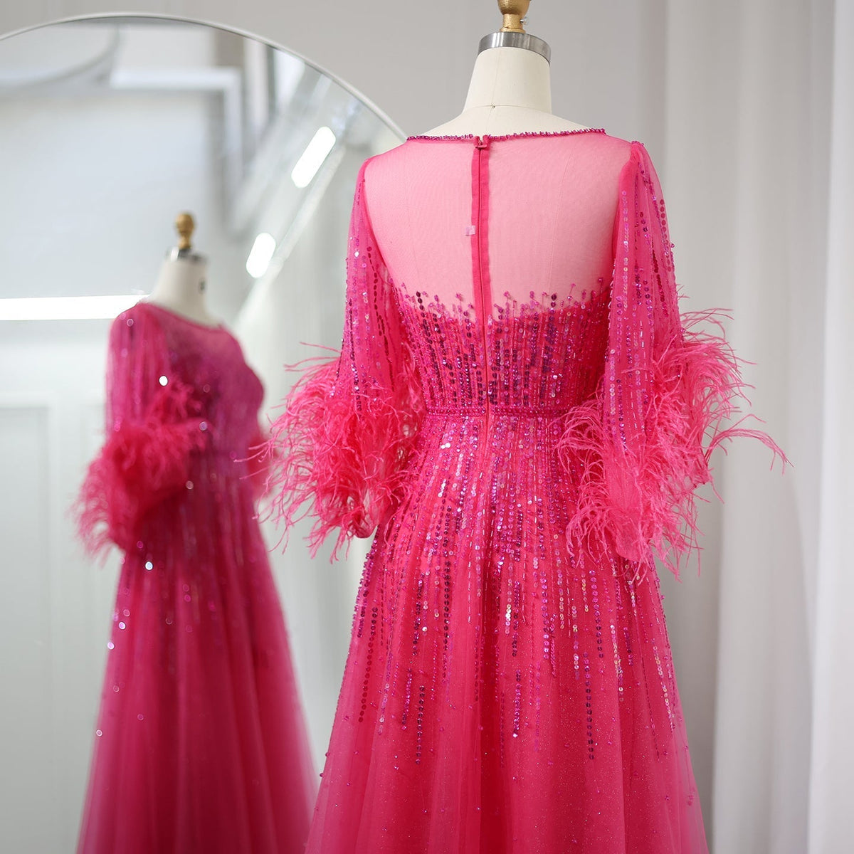 Luxury Feathers Black Dubai Evening Dresses for Women Elegant Fuchsia Arabic Half Sleeve Wedding Party Dress SS339