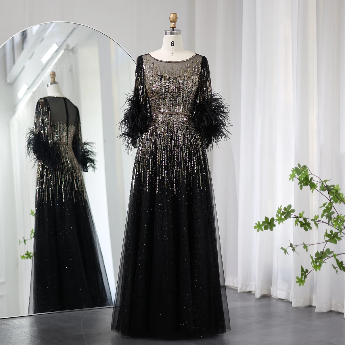 Luxury Feathers Black Dubai Evening Dresses for Women Elegant Fuchsia Arabic Half Sleeve Wedding Party Dress SS339