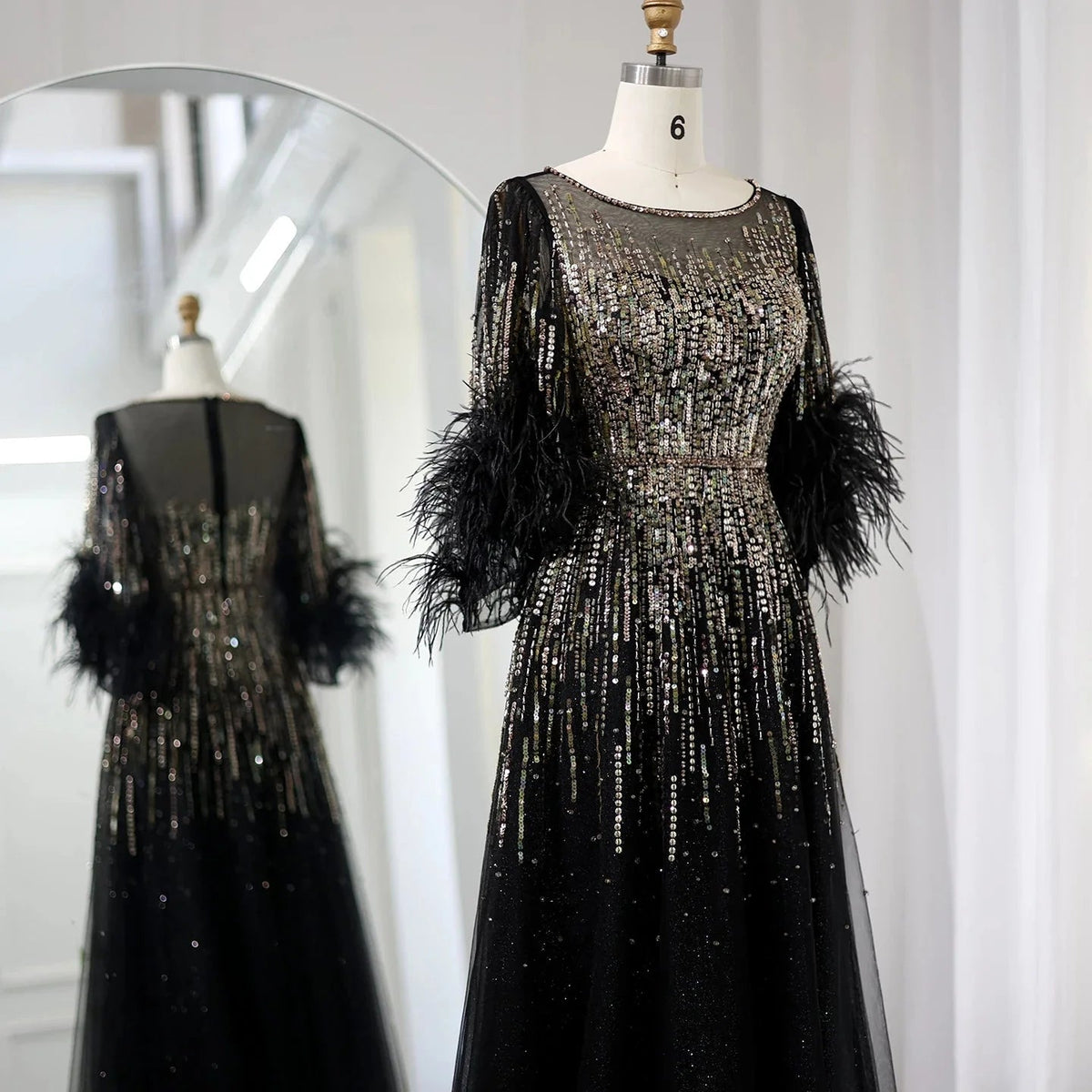 Luxury Feathers Black Dubai Evening Dresses for Women Elegant Fuchsia Arabic Half Sleeve Wedding Party Dress SS339