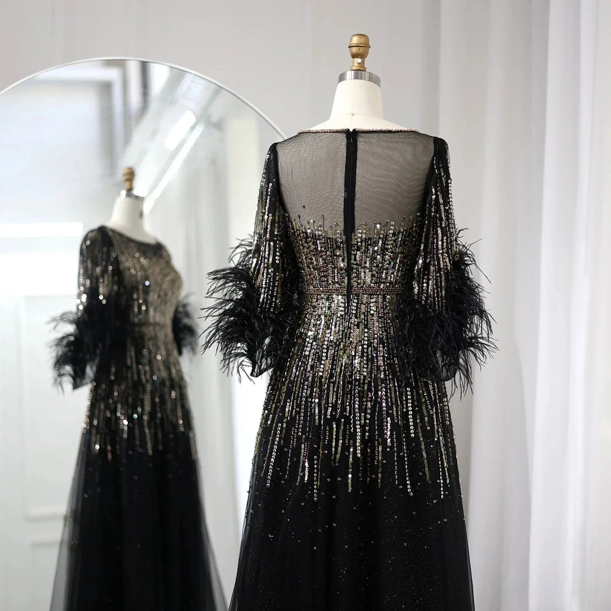 Luxury Feathers Black Dubai Evening Dresses for Women Elegant Fuchsia Arabic Half Sleeve Wedding Party Dress SS339