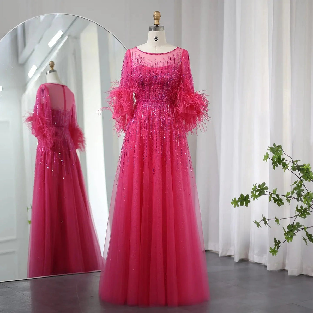 Luxury Feathers Black Dubai Evening Dresses for Women Elegant Fuchsia Arabic Half Sleeve Wedding Party Dress SS339